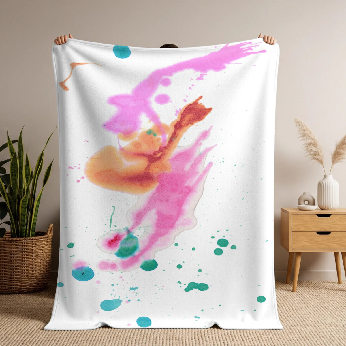 Man holding soft blanket mockup copy