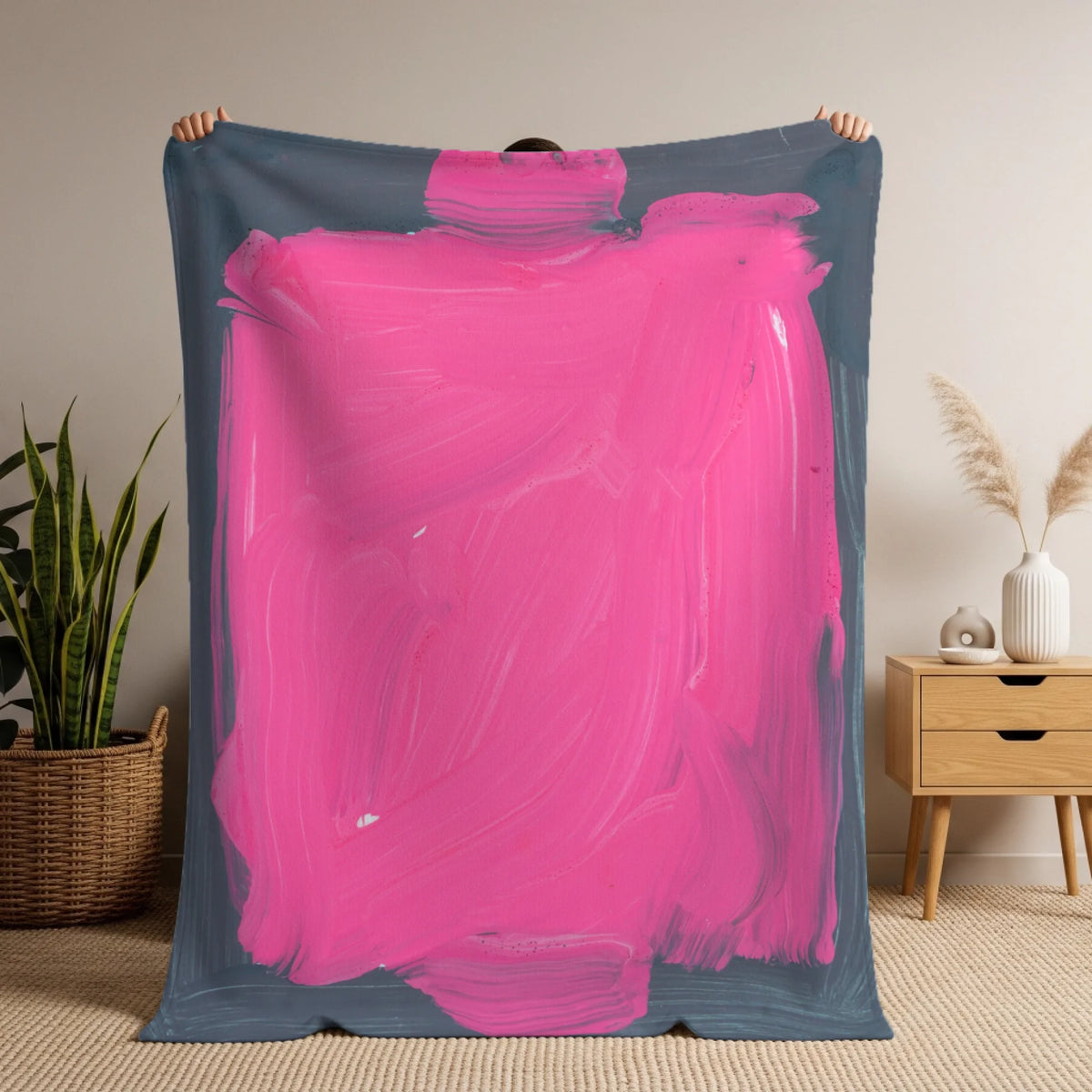 Man holding soft blanket mockup copy