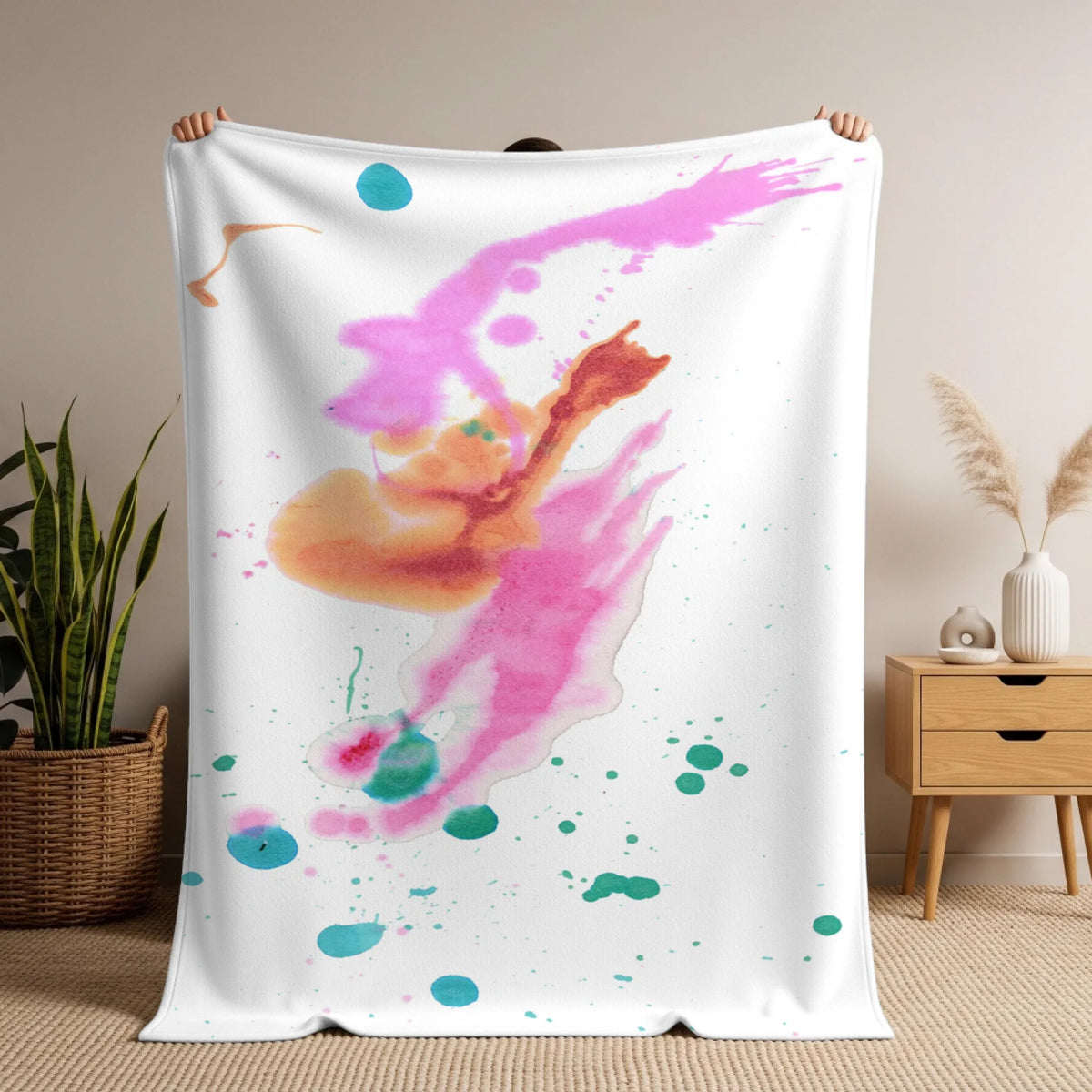 Man holding soft blanket mockup copy