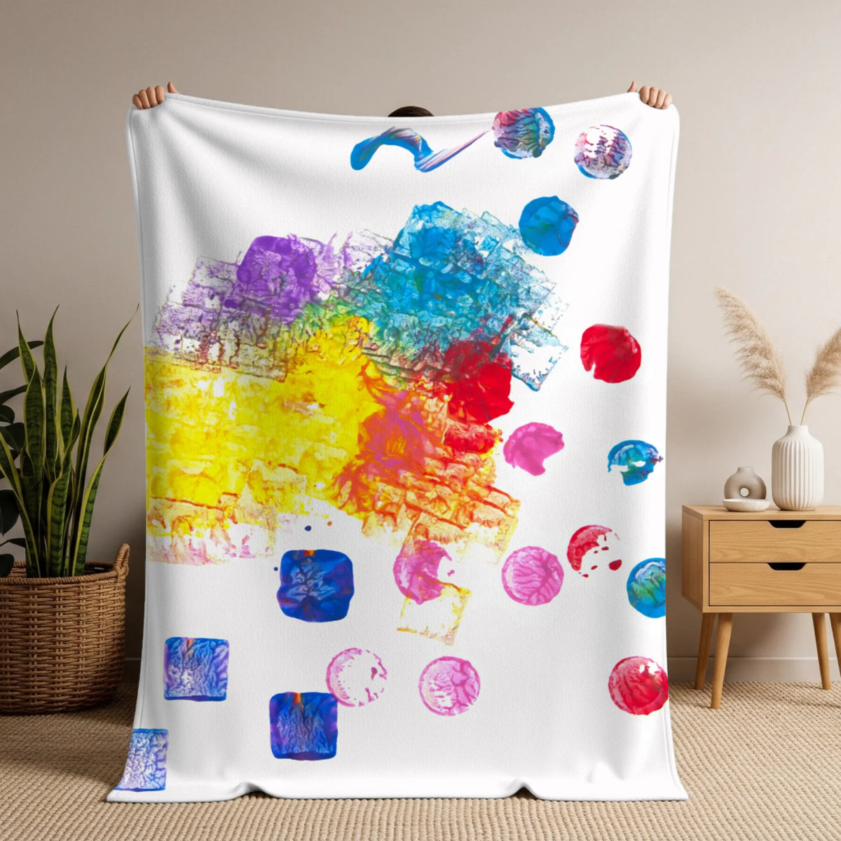 Man holding soft blanket mockup copy
