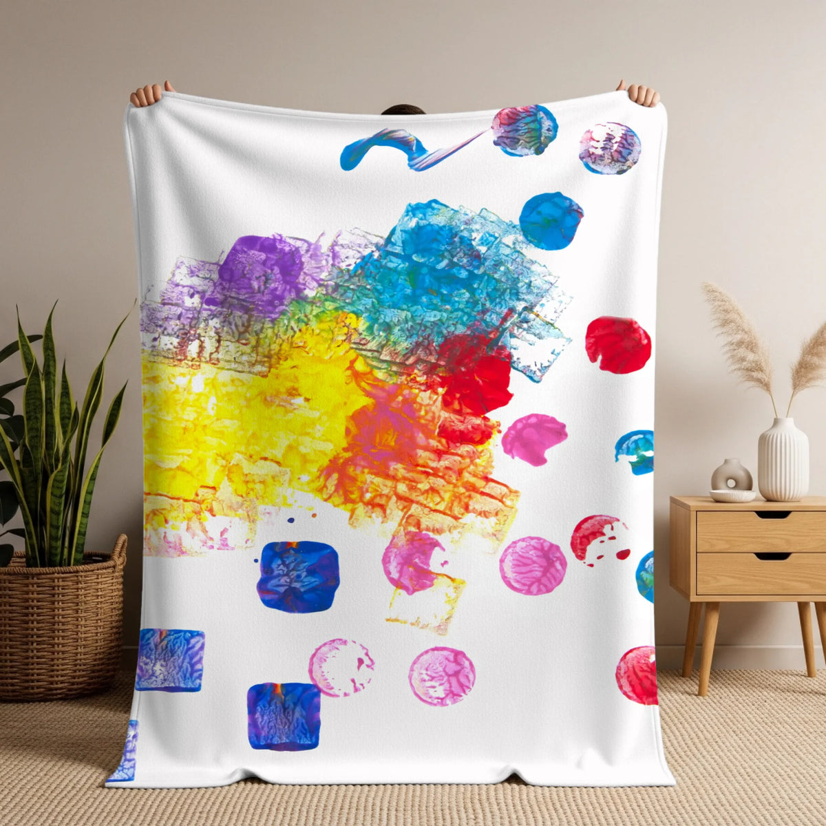 Man holding soft blanket mockup copy