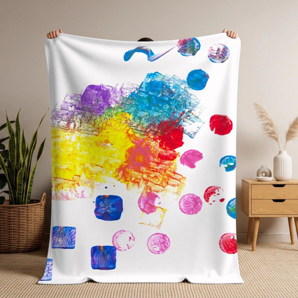 Man holding soft blanket mockup copy