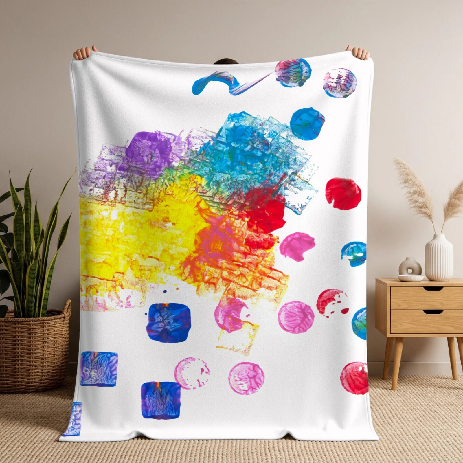 Man holding soft blanket mockup copy